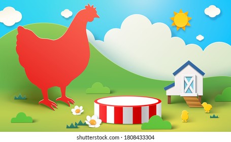 Farm theme background with chicken silhouette and product display podium, 3d illustration