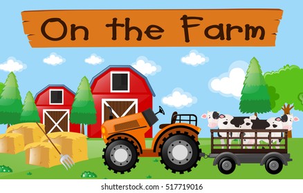 Farm theme with cows on the tractor illustration