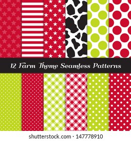 Farm Theme Seamless Pattern Pack - Cow Skin Print, Apple Green and Red Gingham, Polka Dots, Stripes and Stars. Pattern Swatches made with Global Colors.