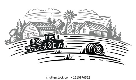 farm theme with trees and tractor