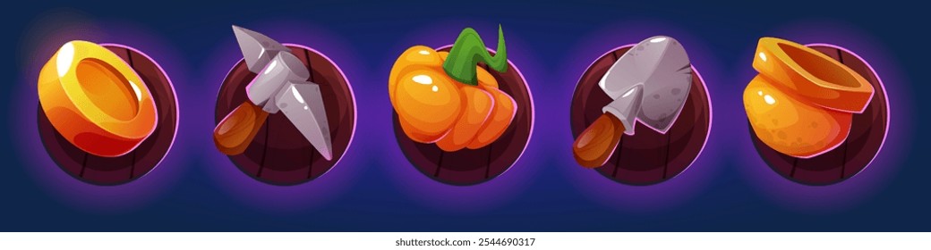 Ícones de jogo temáticos da fazenda definidos em tábuas circulares de madeira escura com brilho roxo. Elementos rancho de moeda de ouro, pá e picareta, abóbora madura e maconha. Botões de interface de jogos móveis agrícolas.