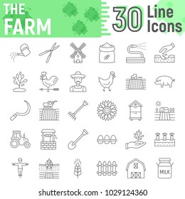 Farm thin line icon set, farming symbols collection, vector sketches, logo illustrations, agriculture signs linear pictograms package isolated on white background, eps 10.