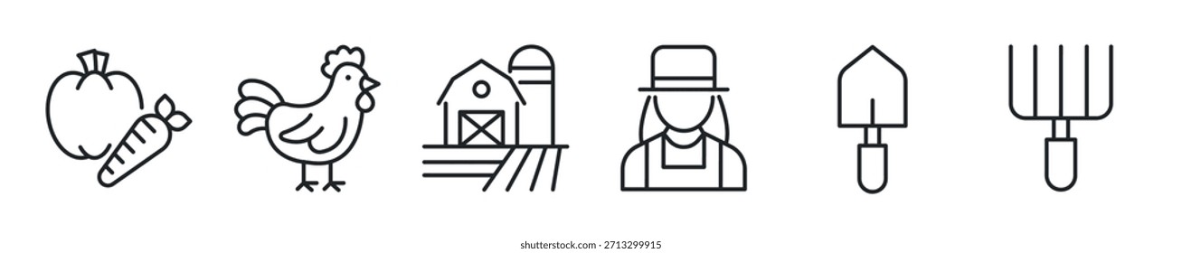 Conjunto de iconos de línea fina de granja. Iconos mínimos de Web