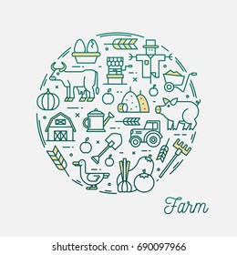 Farm, thin line icons circular frame banner, vector illustration