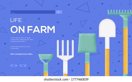 Farm tools concept flyer, web banner, ui header, enter site. Place for text, place for copying. Grain texture and noise effect.