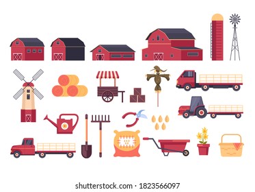 Farm tools equipment element isolated set. Vector flat graphic design cartoon illustration