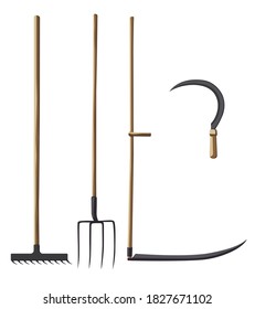 Farm tools. Forks, rake, scythe and sickle