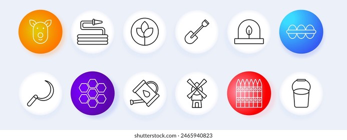 Farm tools set icon. Pig, water hose, plant, shovel, candle, egg carton, sickle, honeycomb, watering can, windmill, fence, bucket. Agriculture and farming concept.