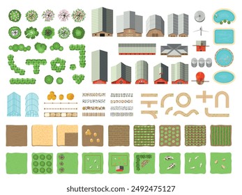 Ansicht von oben. Landschaft Elemente von Bauernhof Dorfgebäude Straßen Scheunen und Grüngärten Neuere Vektorgrafik Baumeister