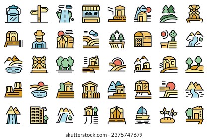 Farm tourism icons set outline vector. Rural home. House family thin line color flat on white