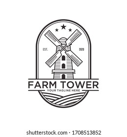 farm tower line art vintage logo design template vector