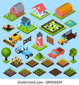 Farm toy blocks modeling mill harvesting combine and chicken house isometric icons set isolated abstract vector illustration