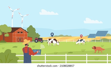 Farm tracking technologies. Robotic cattle herding, farmer watching cows from tablet and geo tags, modern mobile agriculture, smart technology in countryside, vector concept