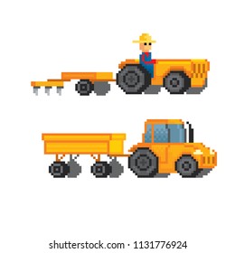 Farm tractor. Agricultural machinery. Old school computer graphic style. Decorative element design for logo, sticker, web, mobile app. Game assets 8-bit sprite.