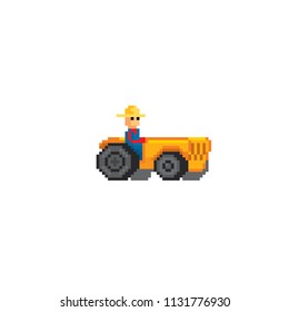 Farm tractor. Agricultural machinery. Old school computer graphic style. Decorative element design for logo, sticker, web, mobile app. Game assets 8-bit sprite.