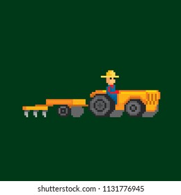 Farm tractor. Agricultural machinery. Old school computer graphic style. Decorative element design for logo, sticker, web, mobile app. Game assets 8-bit sprite.