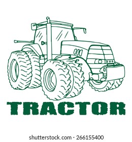 Farm tractor with big wheels. Vector freehand drawing. Logo or icon for design.