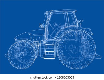 Farm Tractor Concept. Vector rendering of 3d. Wire-frame style. The layers of visible and invisible lines are separated