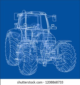 Farm Tractor Concept. Vector rendering of 3d. Wire-frame style. The layers of visible and invisible lines are separated