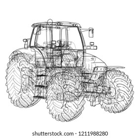 Farm Tractor Concept. Vector rendering of 3d. Wire-frame style. The layers of visible and invisible lines are separated