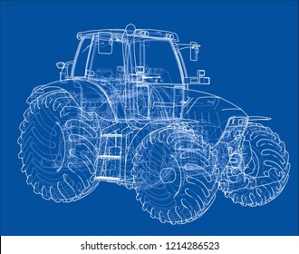 Farm Tractor Concept. Vector rendering of 3d. Wire-frame style. The layers of visible and invisible lines are separated