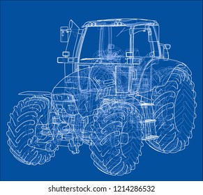Farm Tractor Concept. Vector rendering of 3d. Wire-frame style. The layers of visible and invisible lines are separated