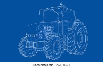 Farm Tractor Concept. Vector rendering of 3d. Wire-frame style. The layers of visible and invisible lines are separated
