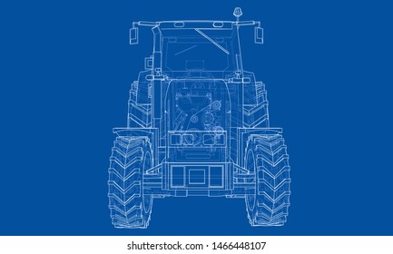 Farm Tractor Concept. Vector rendering of 3d. Wire-frame style. The layers of visible and invisible lines are separated