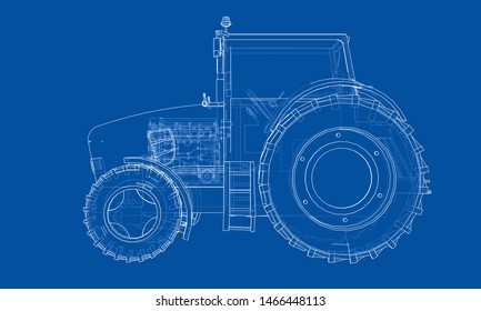 Farm Tractor Concept. Vector rendering of 3d. Wire-frame style. The layers of visible and invisible lines are separated