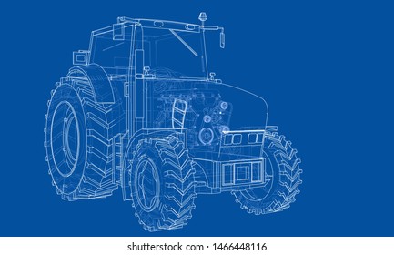 Farm Tractor Concept. Vector rendering of 3d. Wire-frame style. The layers of visible and invisible lines are separated