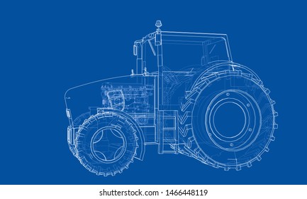 Farm Tractor Concept. Vector rendering of 3d. Wire-frame style. The layers of visible and invisible lines are separated