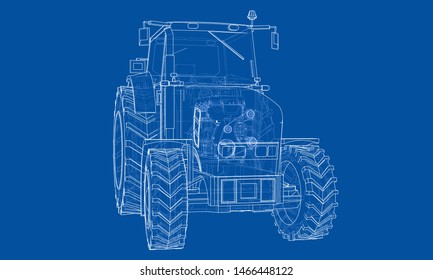 Farm Tractor Concept. Vector rendering of 3d. Wire-frame style. The layers of visible and invisible lines are separated