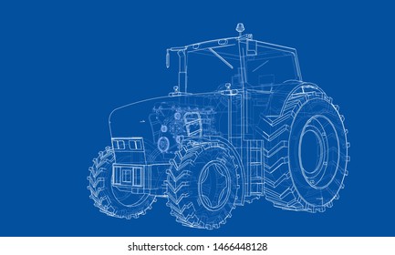 Farm Tractor Concept. Vector rendering of 3d. Wire-frame style. The layers of visible and invisible lines are separated