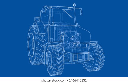 Farm Tractor Concept. Vector rendering of 3d. Wire-frame style. The layers of visible and invisible lines are separated