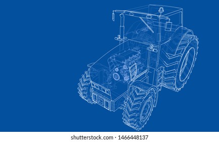 Farm Tractor Concept. Vector rendering of 3d. Wire-frame style. The layers of visible and invisible lines are separated