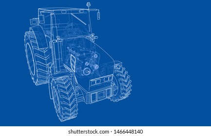 Farm Tractor Concept. Vector rendering of 3d. Wire-frame style. The layers of visible and invisible lines are separated