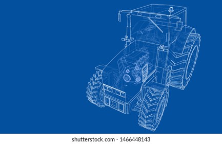 Farm Tractor Concept. Vector rendering of 3d. Wire-frame style. The layers of visible and invisible lines are separated
