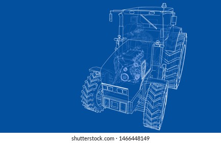 Farm Tractor Concept. Vector rendering of 3d. Wire-frame style. The layers of visible and invisible lines are separated