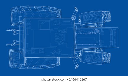 Farm Tractor Concept. Vector rendering of 3d. Wire-frame style. The layers of visible and invisible lines are separated