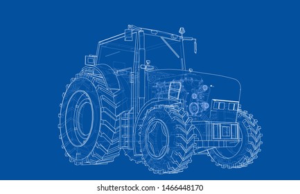 Farm Tractor Concept. Vector rendering of 3d. Wire-frame style. The layers of visible and invisible lines are separated
