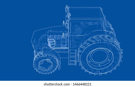 Farm Tractor Concept. Vector rendering of 3d. Wire-frame style. The layers of visible and invisible lines are separated