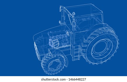 Farm Tractor Concept. Vector rendering of 3d. Wire-frame style. The layers of visible and invisible lines are separated