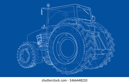 Farm Tractor Concept. Vector rendering of 3d. Wire-frame style. The layers of visible and invisible lines are separated