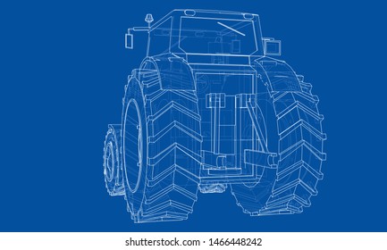 Farm Tractor Concept. Vector rendering of 3d. Wire-frame style. The layers of visible and invisible lines are separated
