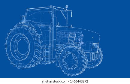 Farm Tractor Concept. Vector rendering of 3d. Wire-frame style. The layers of visible and invisible lines are separated