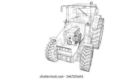 Farm Tractor Concept. Vector rendering of 3d. Wire-frame style. The layers of visible and invisible lines are separated