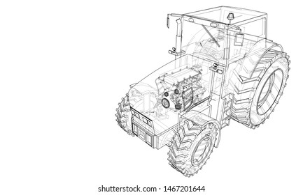 Farm Tractor Concept. Vector rendering of 3d. Wire-frame style. The layers of visible and invisible lines are separated
