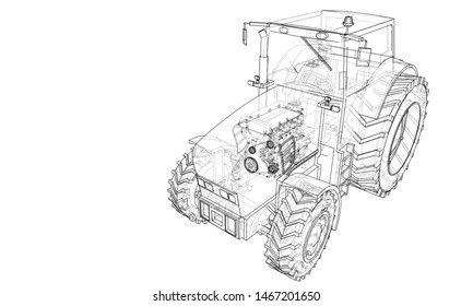 Farm Tractor Concept. Vector rendering of 3d. Wire-frame style. The layers of visible and invisible lines are separated
