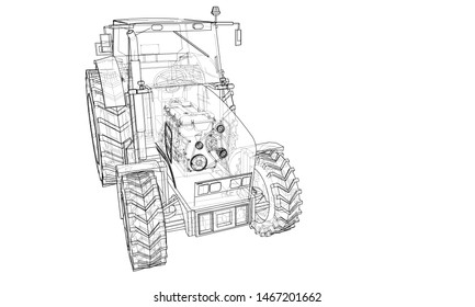 Farm Tractor Concept. Vector rendering of 3d. Wire-frame style. The layers of visible and invisible lines are separated