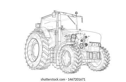 Farm Tractor Concept. Vector rendering of 3d. Wire-frame style. The layers of visible and invisible lines are separated